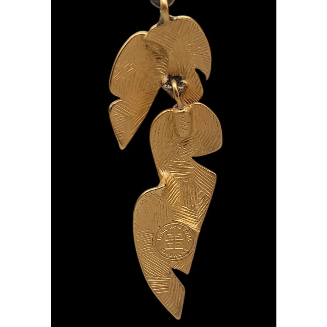 Vintage Givenchy Matte Gold Plated Tiered Leaf Drop Earrings 1980s Botanicals