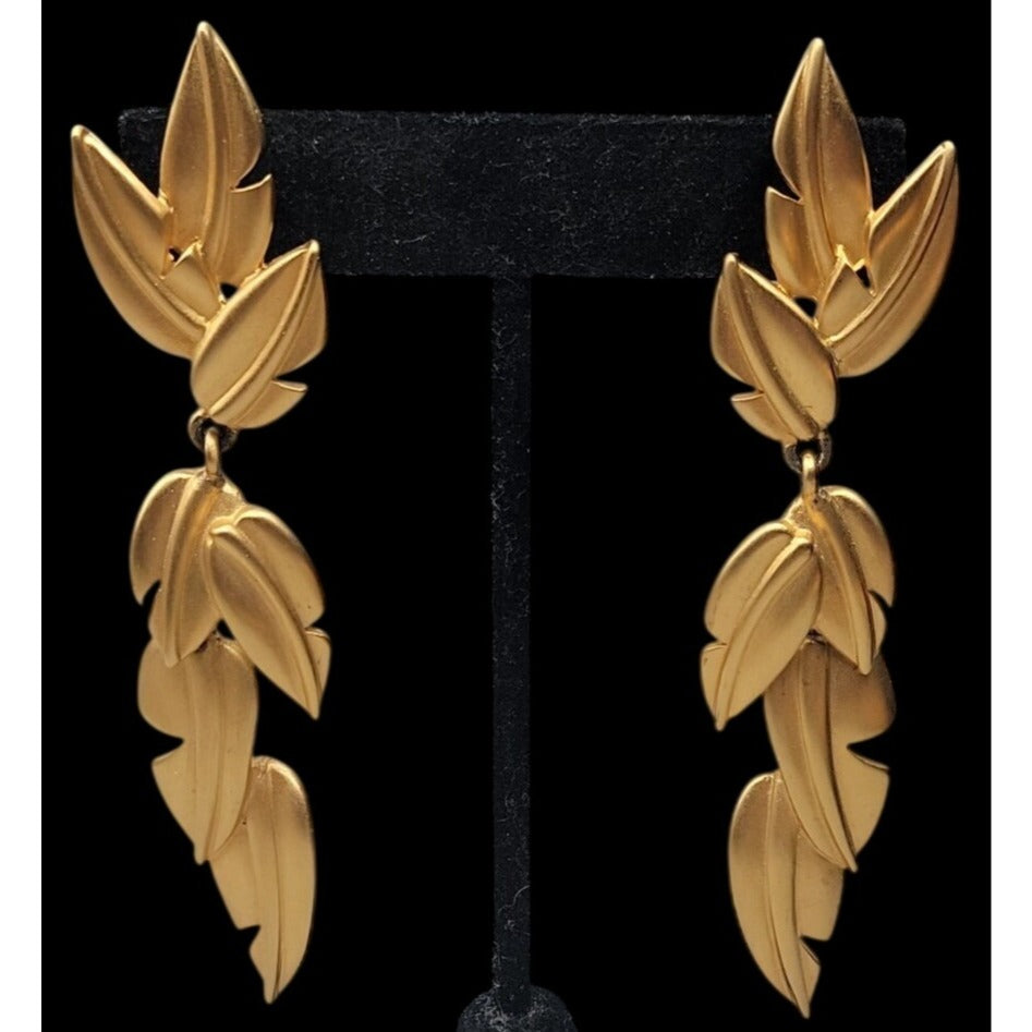 Vintage Givenchy Matte Gold Plated Tiered Leaf Drop Earrings 1980s Botanicals