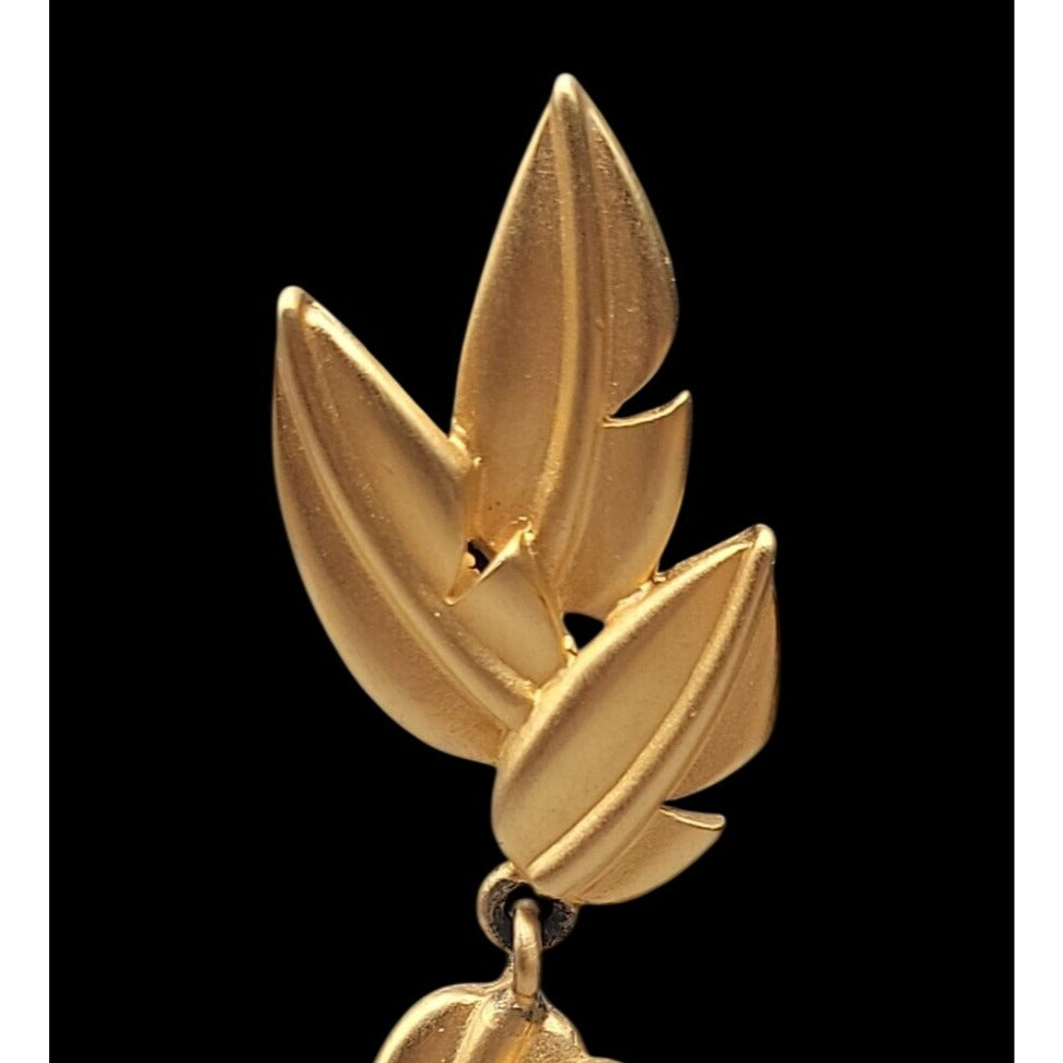 Vintage Givenchy Matte Gold Plated Tiered Leaf Drop Earrings 1980s Botanicals