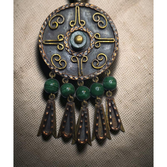 Vtg Maya Mexico Mixed Metal Copper Brass Malachite Bead Dangle Brooch Pendant
