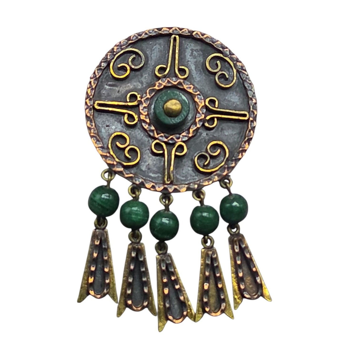 Vtg Maya Mexico Mixed Metal Copper Brass Malachite Bead Dangle Brooch Pendant