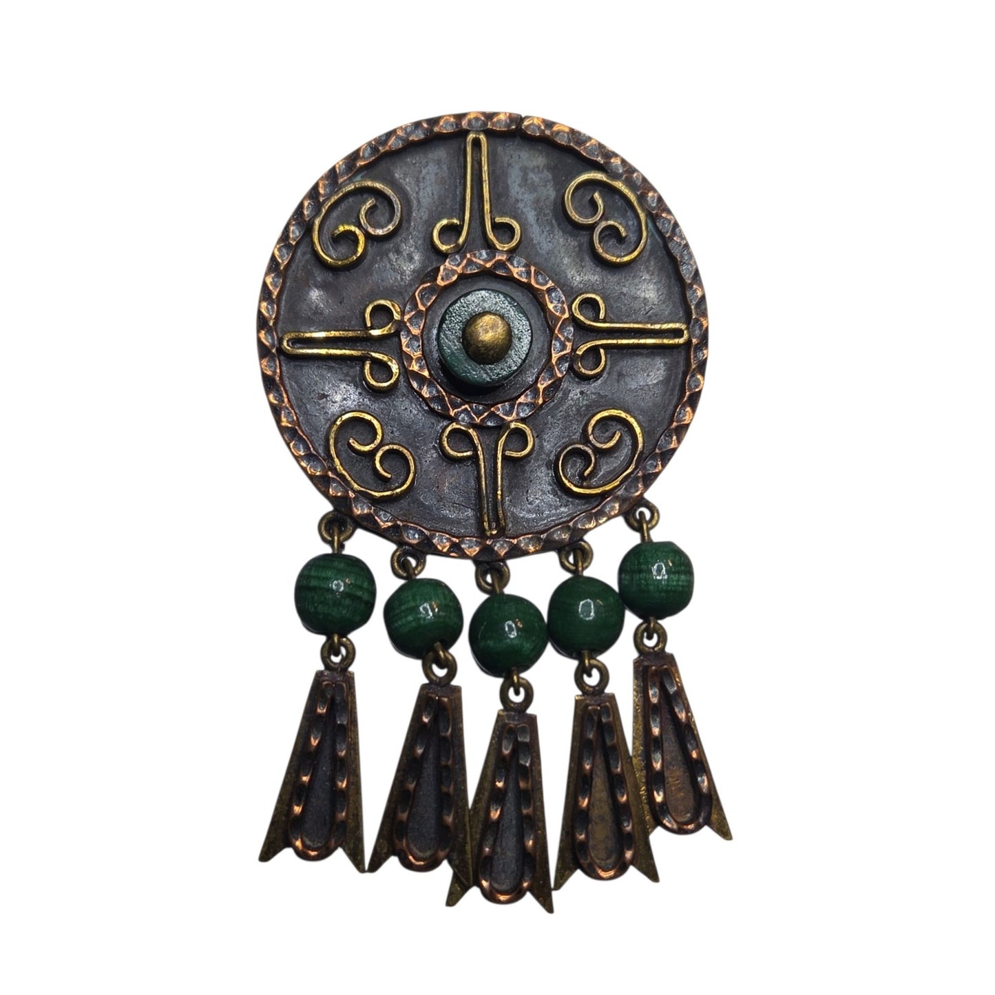 Vtg Maya Mexico Mixed Metal Copper Brass Malachite Bead Dangle Brooch Pendant