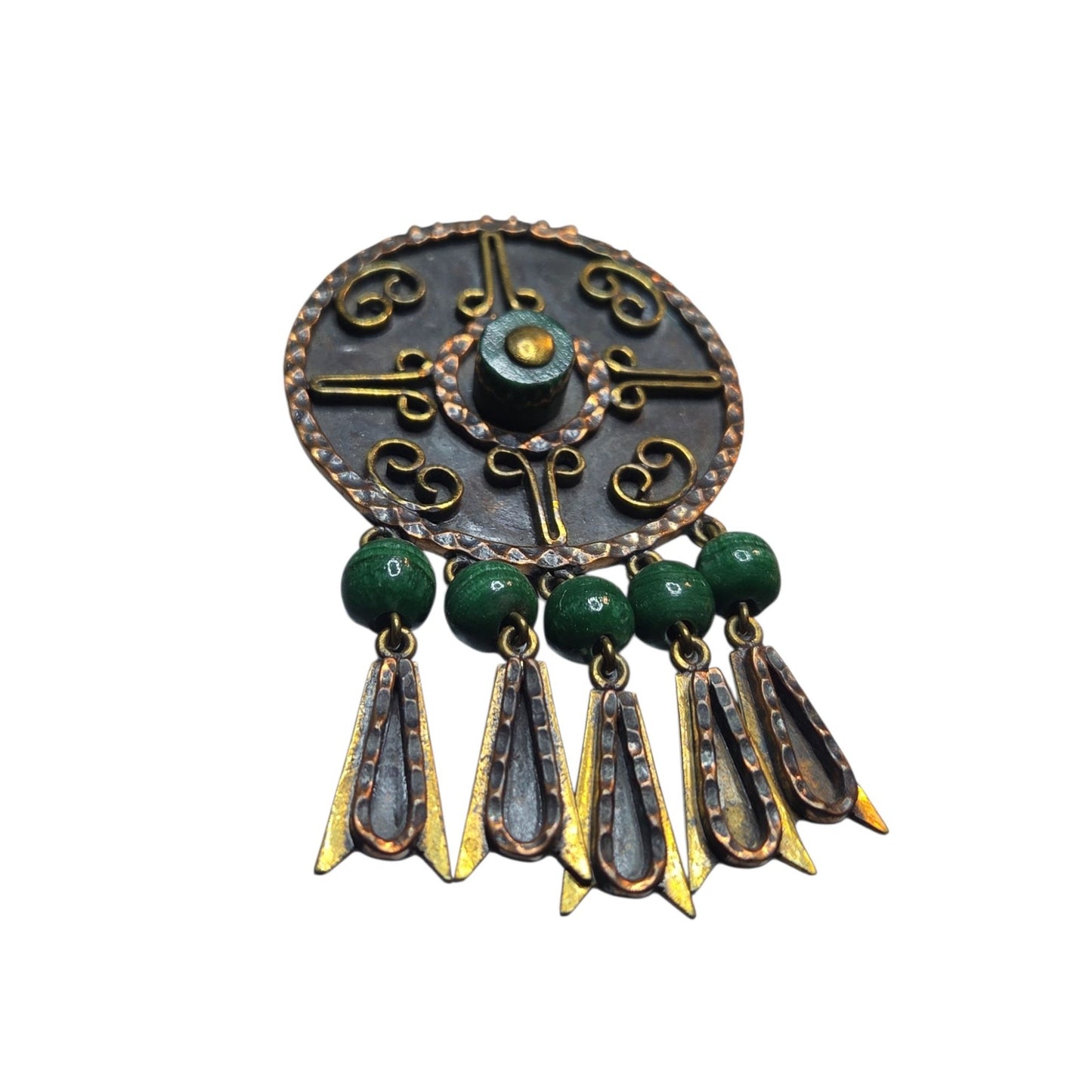 Vtg Maya Mexico Mixed Metal Copper Brass Malachite Bead Dangle Brooch Pendant