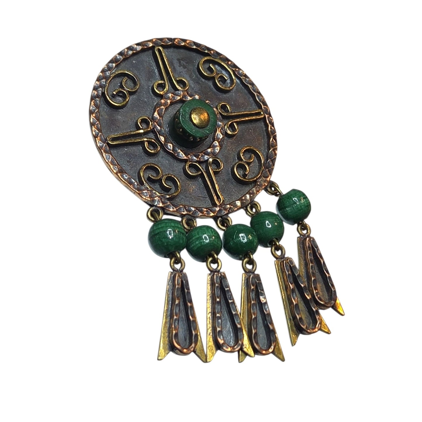 Vtg Maya Mexico Mixed Metal Copper Brass Malachite Bead Dangle Brooch Pendant