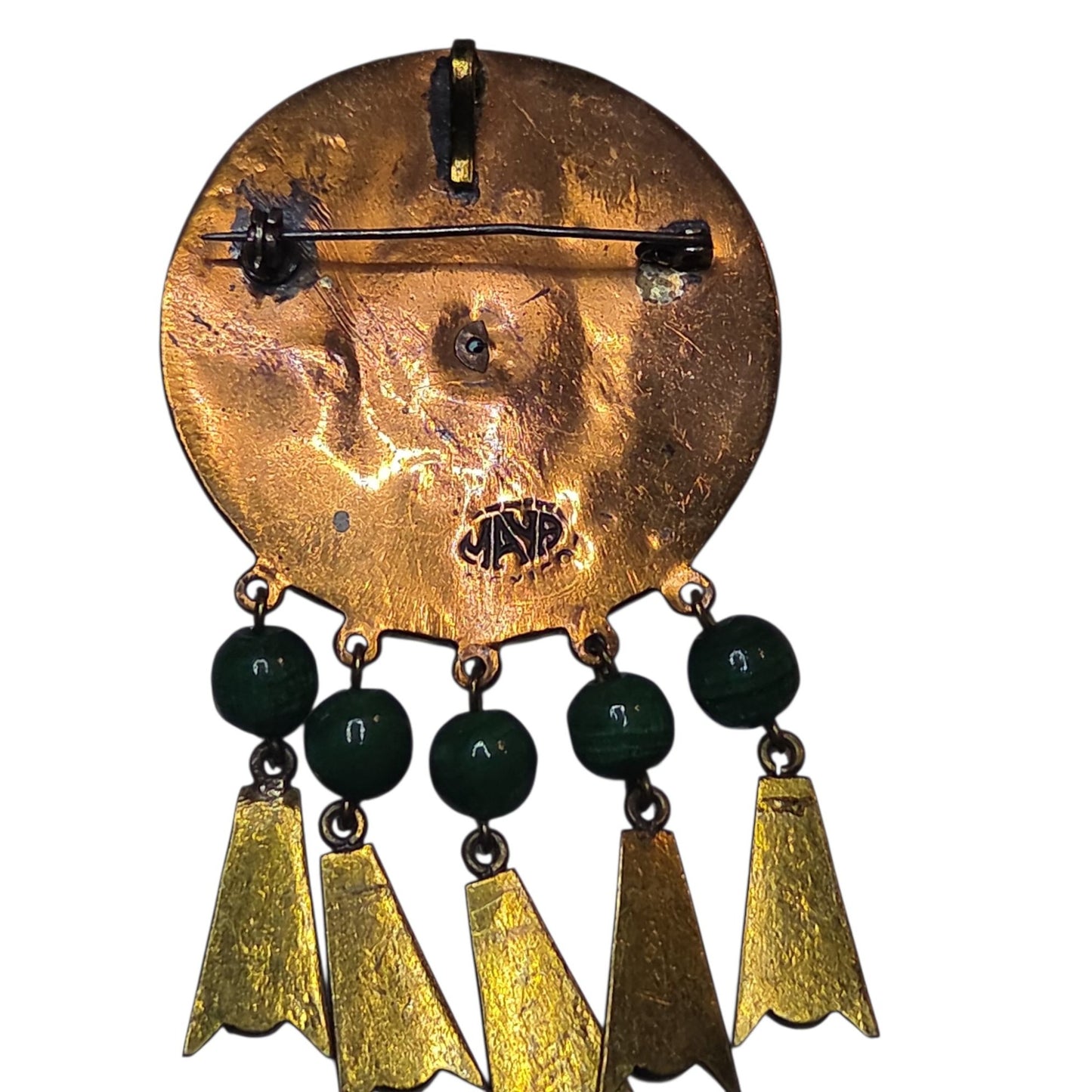 Vtg Maya Mexico Mixed Metal Copper Brass Malachite Bead Dangle Brooch Pendant