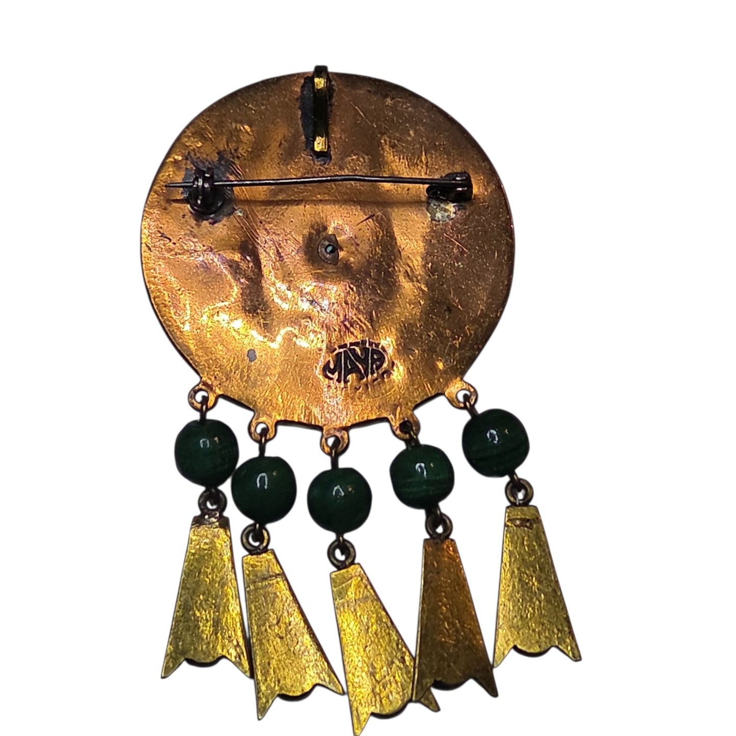 Vtg Maya Mexico Mixed Metal Copper Brass Malachite Bead Dangle Brooch Pendant