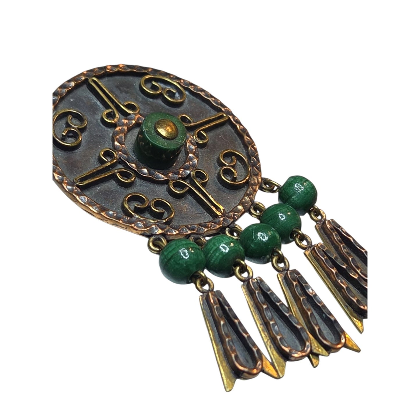 Vtg Maya Mexico Mixed Metal Copper Brass Malachite Bead Dangle Brooch Pendant
