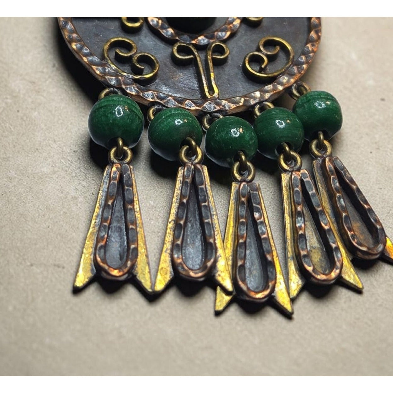 Vtg Maya Mexico Mixed Metal Copper Brass Malachite Bead Dangle Brooch Pendant