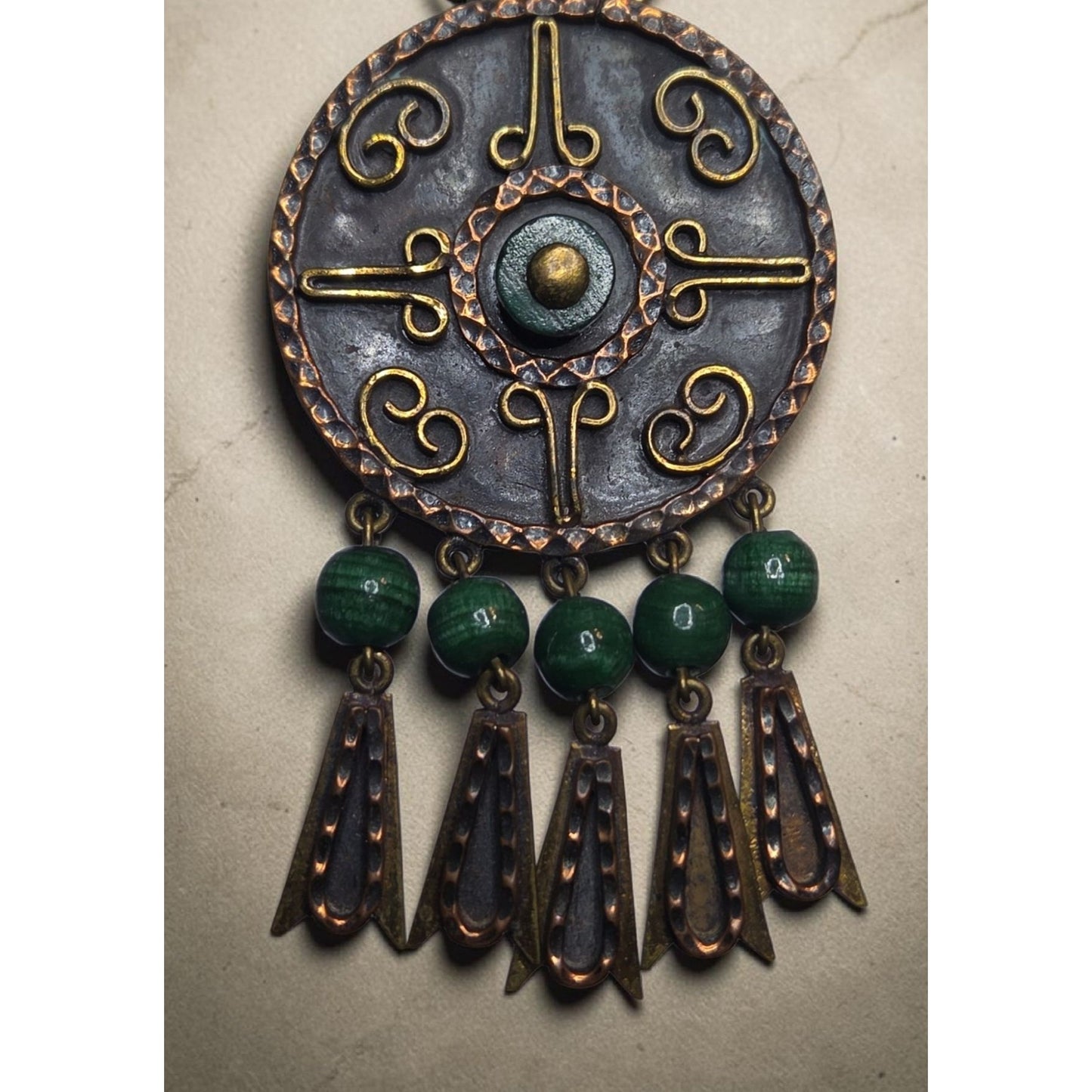 Vtg Maya Mexico Mixed Metal Copper Brass Malachite Bead Dangle Brooch Pendant