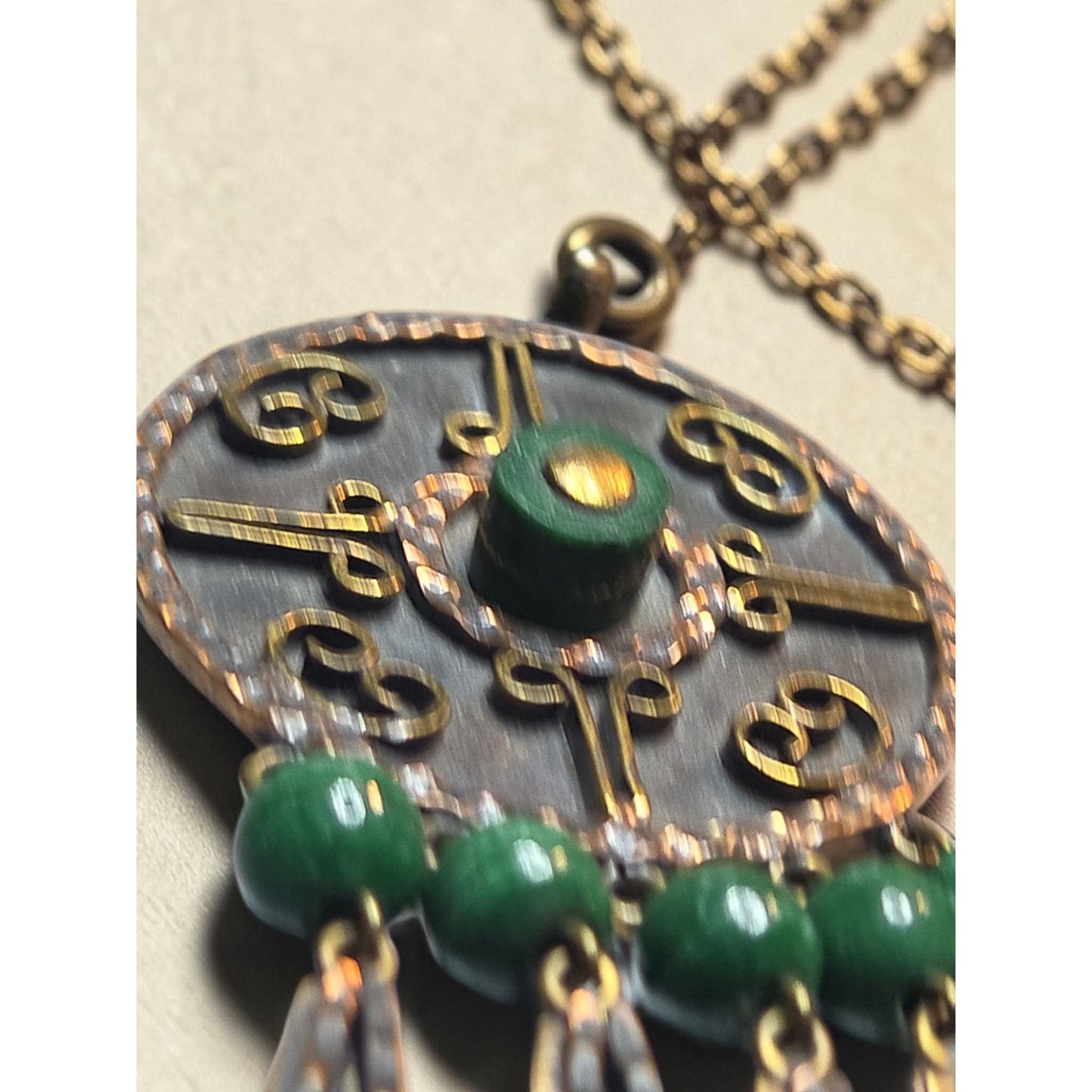 Vtg Maya Mexico Mixed Metal Copper Brass Malachite Bead Dangle Brooch Pendant