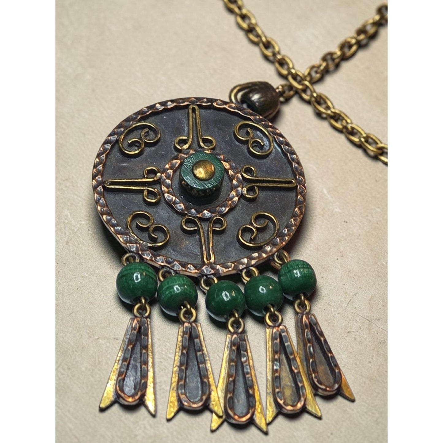 Vtg Maya Mexico Mixed Metal Copper Brass Malachite Bead Dangle Brooch Pendant