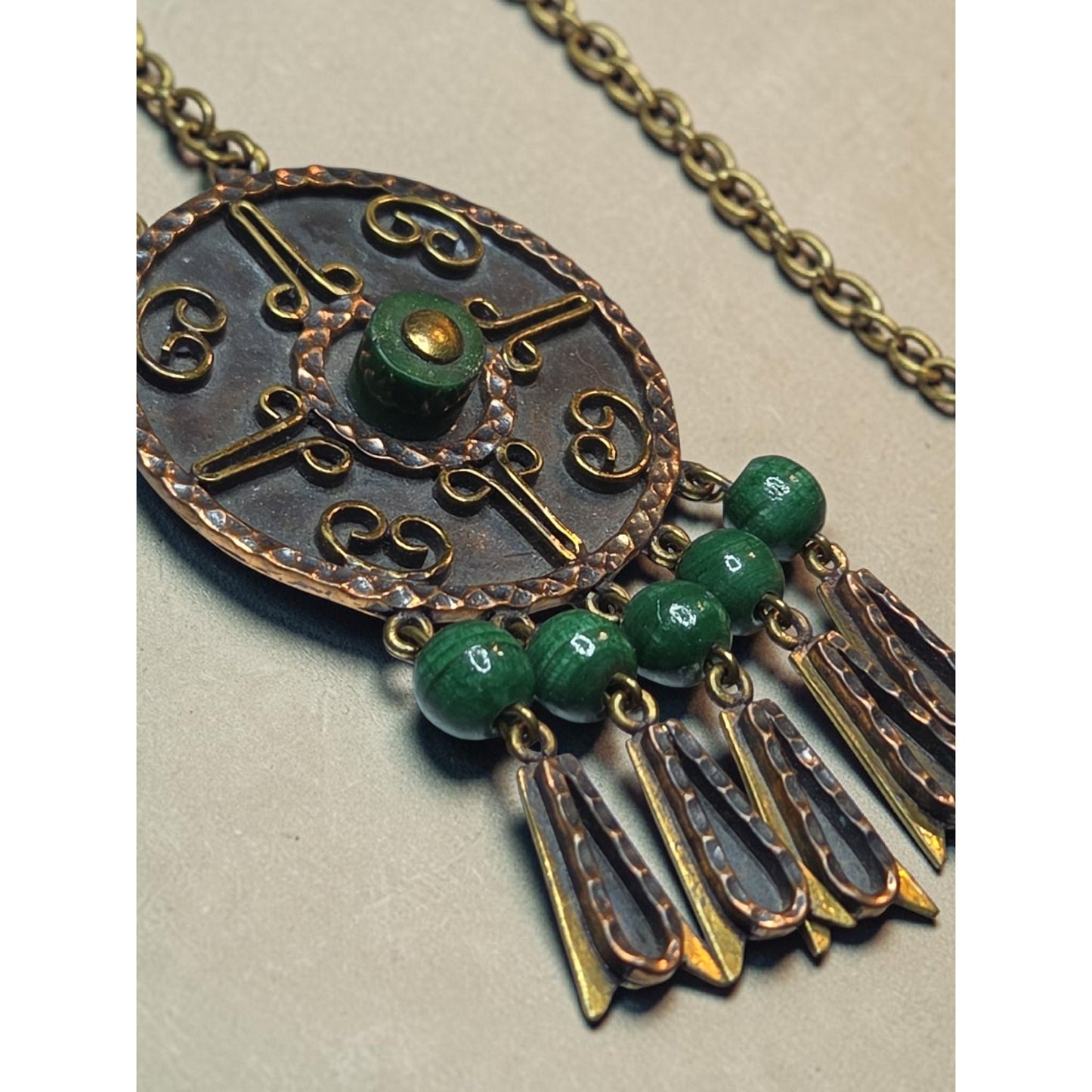 Vtg Maya Mexico Mixed Metal Copper Brass Malachite Bead Dangle Brooch Pendant