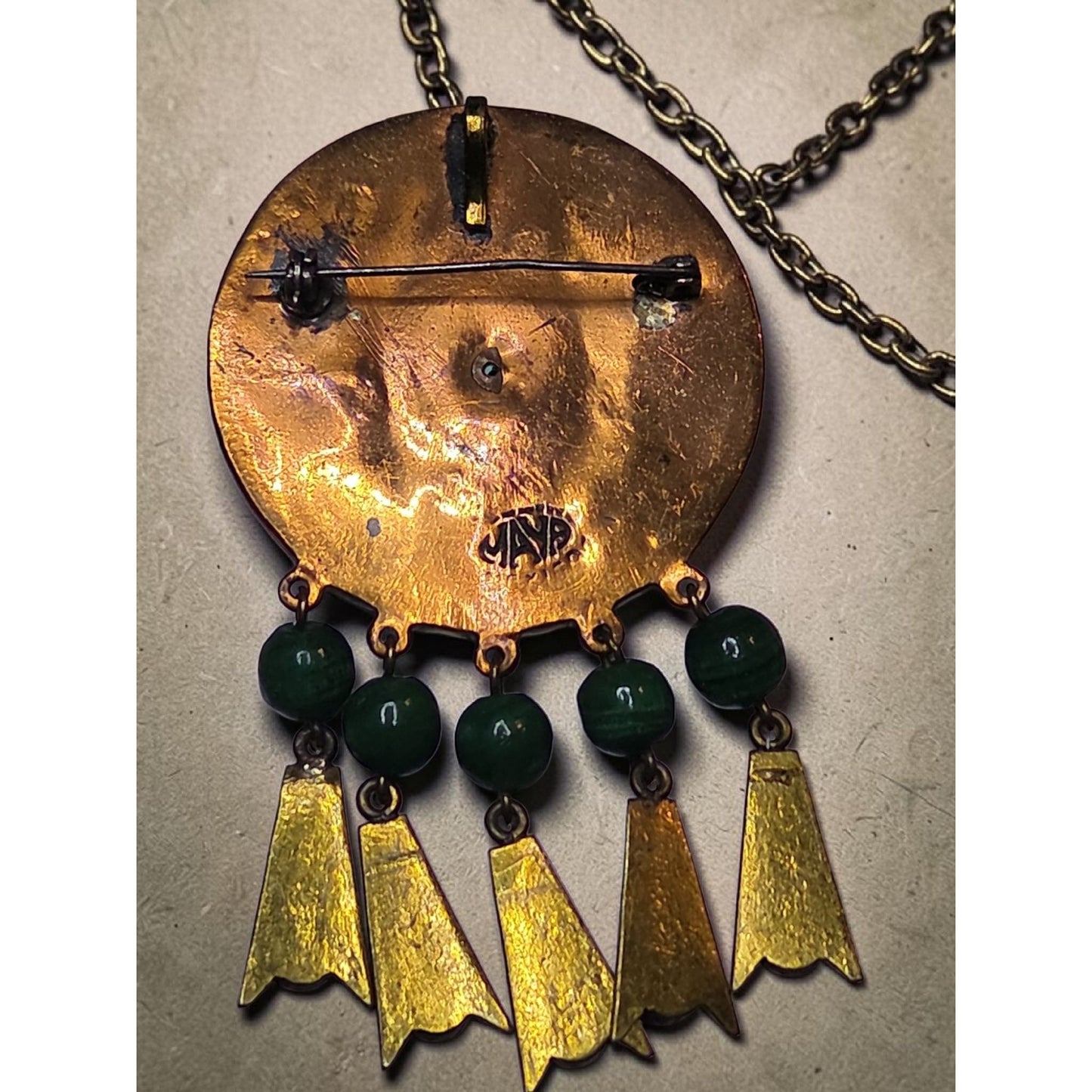 Vtg Maya Mexico Mixed Metal Copper Brass Malachite Bead Dangle Brooch Pendant