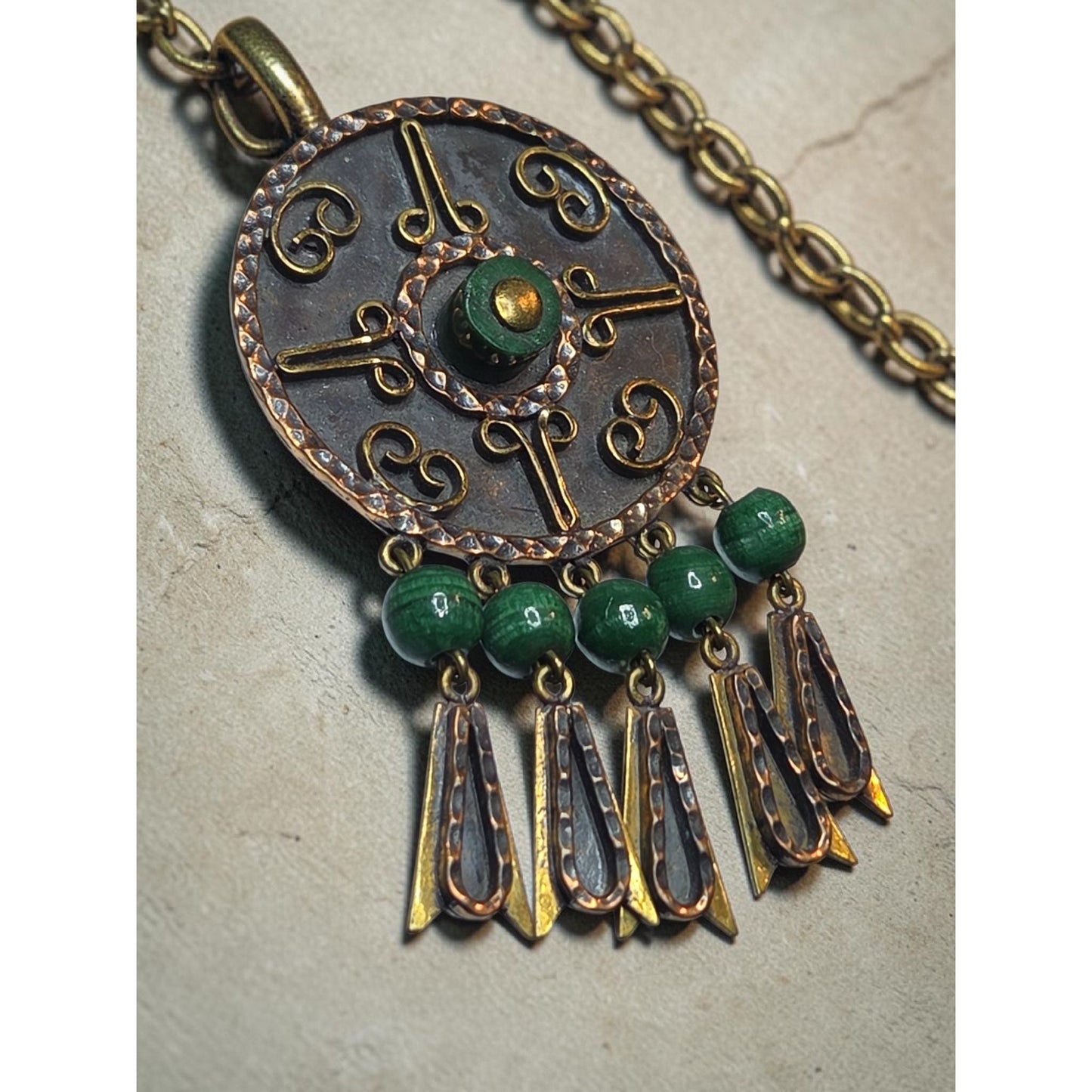 Vtg Maya Mexico Mixed Metal Copper Brass Malachite Bead Dangle Brooch Pendant