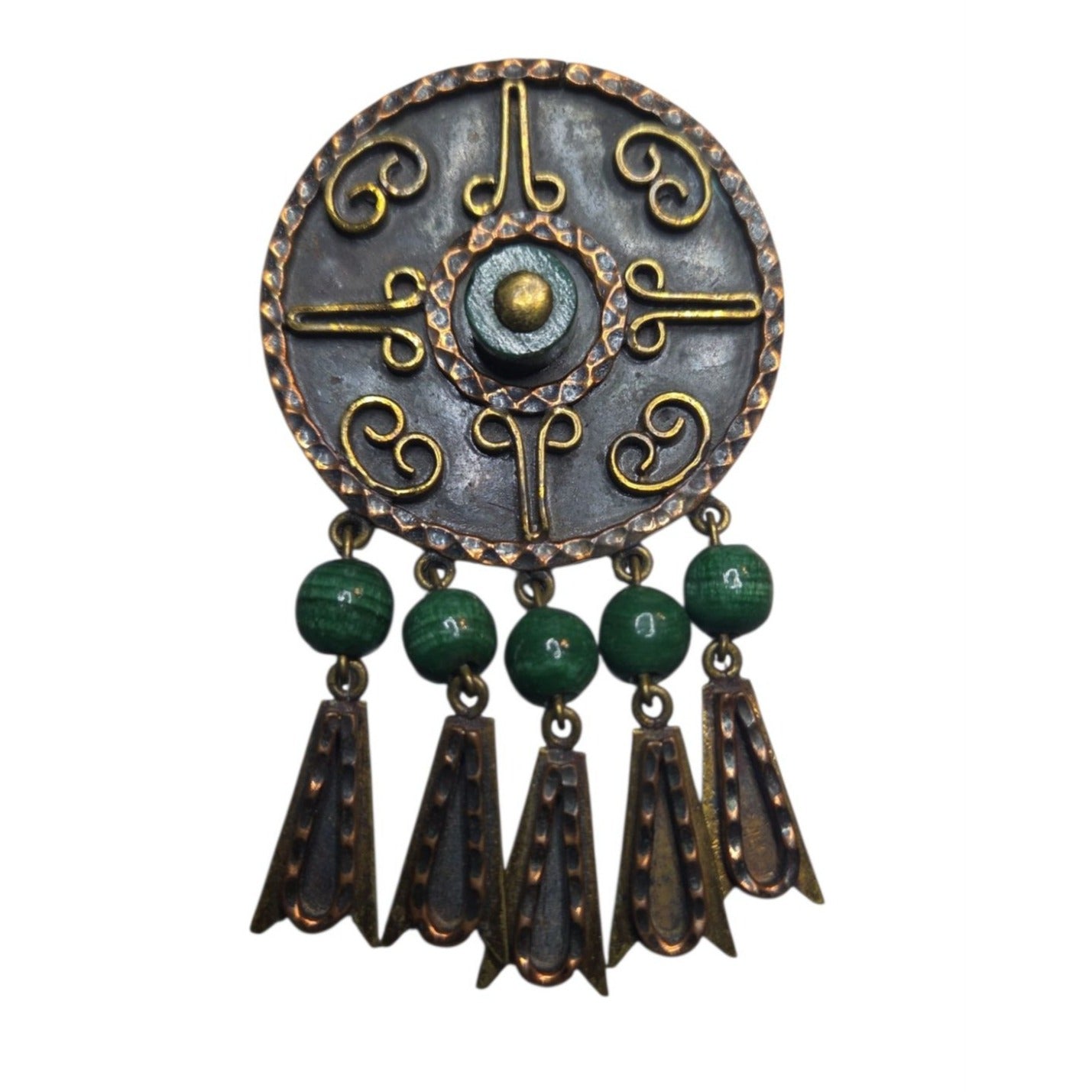 Vtg Maya Mexico Mixed Metal Copper Brass Malachite Bead Dangle Brooch Pendant