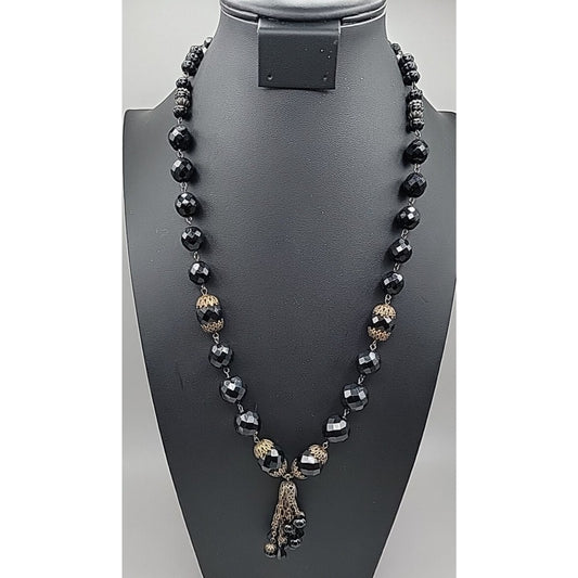 Belladonna Toronto Canada Black Fauceted Rhinestone Antique Brass Necklace 24"