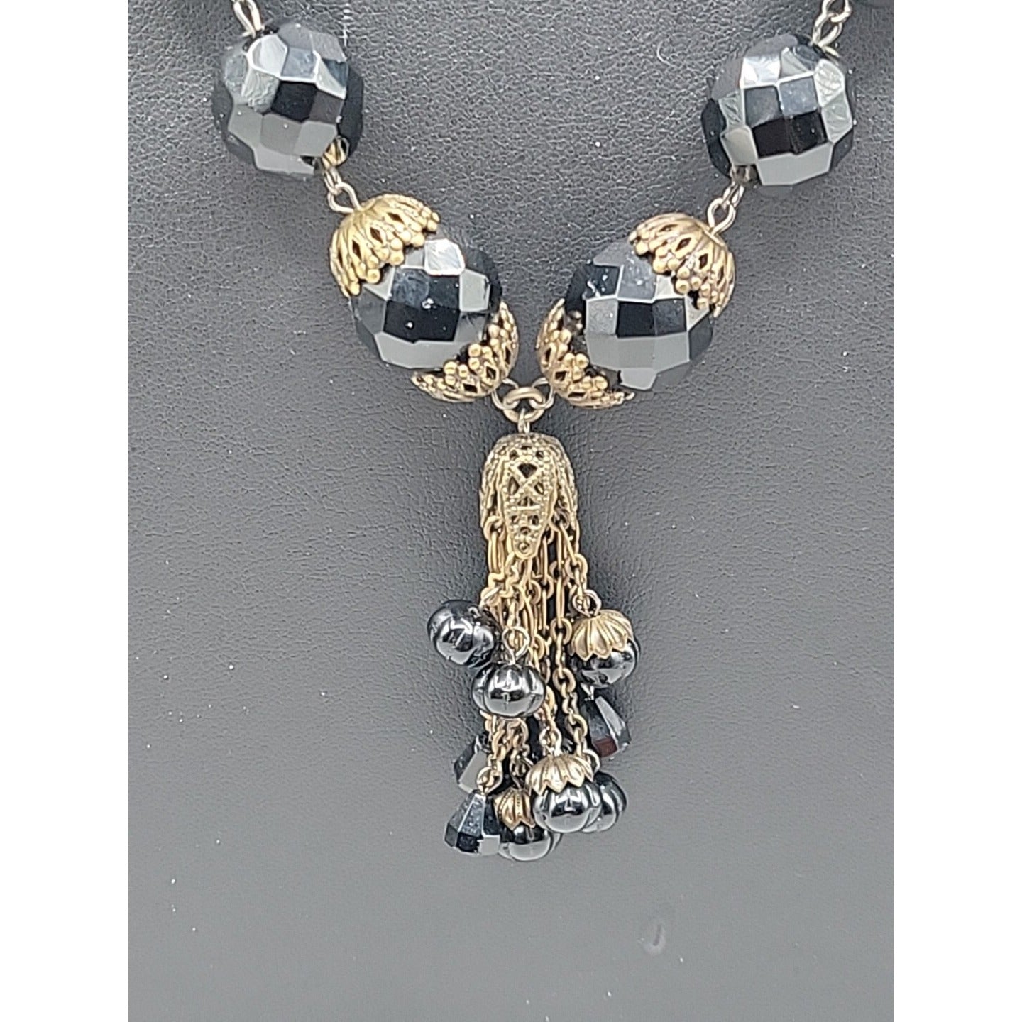 Belladonna Toronto Canada Black Fauceted Rhinestone Antique Brass Necklace 24"