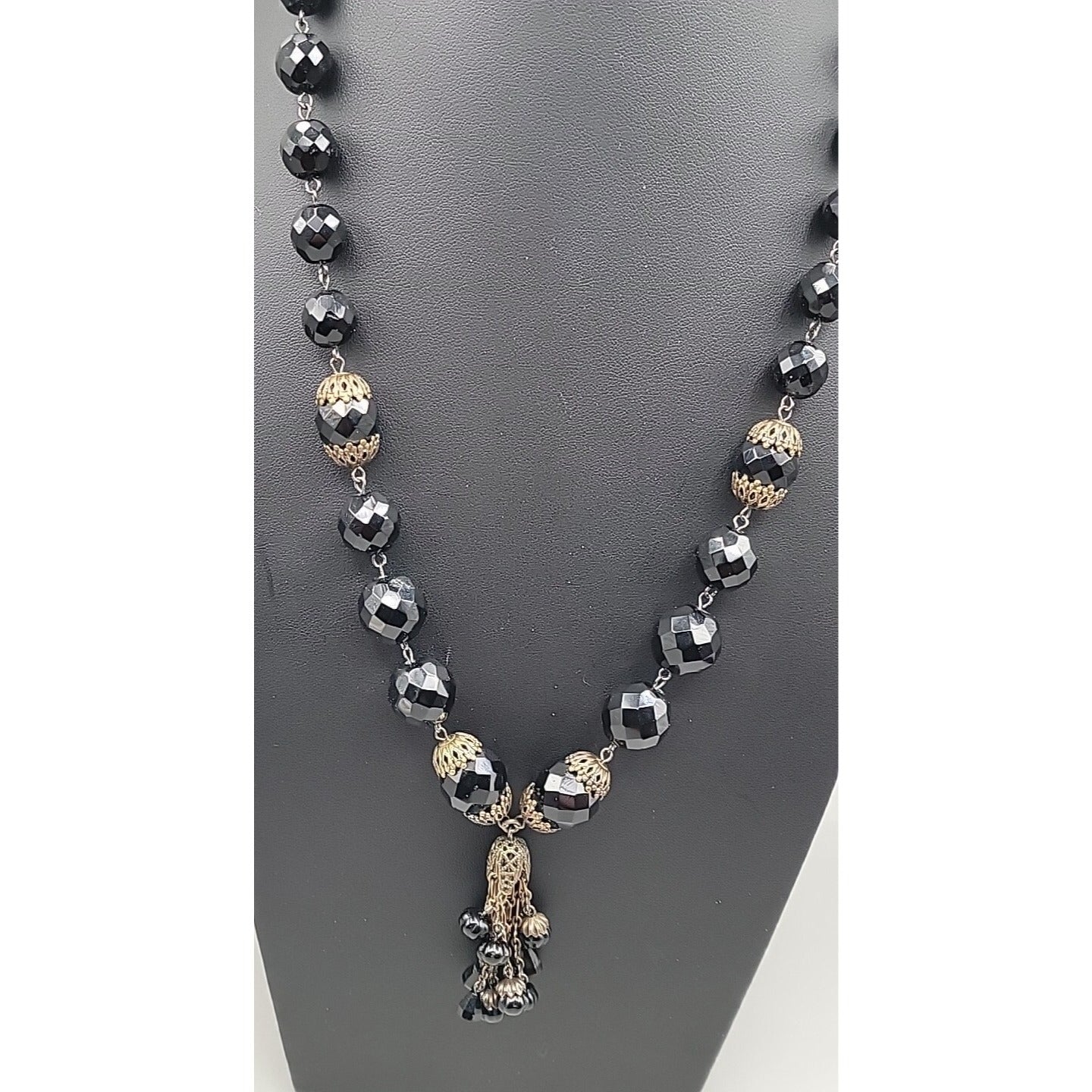 Belladonna Toronto Canada Black Fauceted Rhinestone Antique Brass Necklace 24"