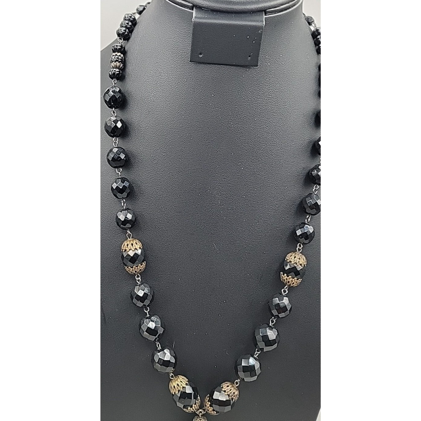 Belladonna Toronto Canada Black Fauceted Rhinestone Antique Brass Necklace 24"