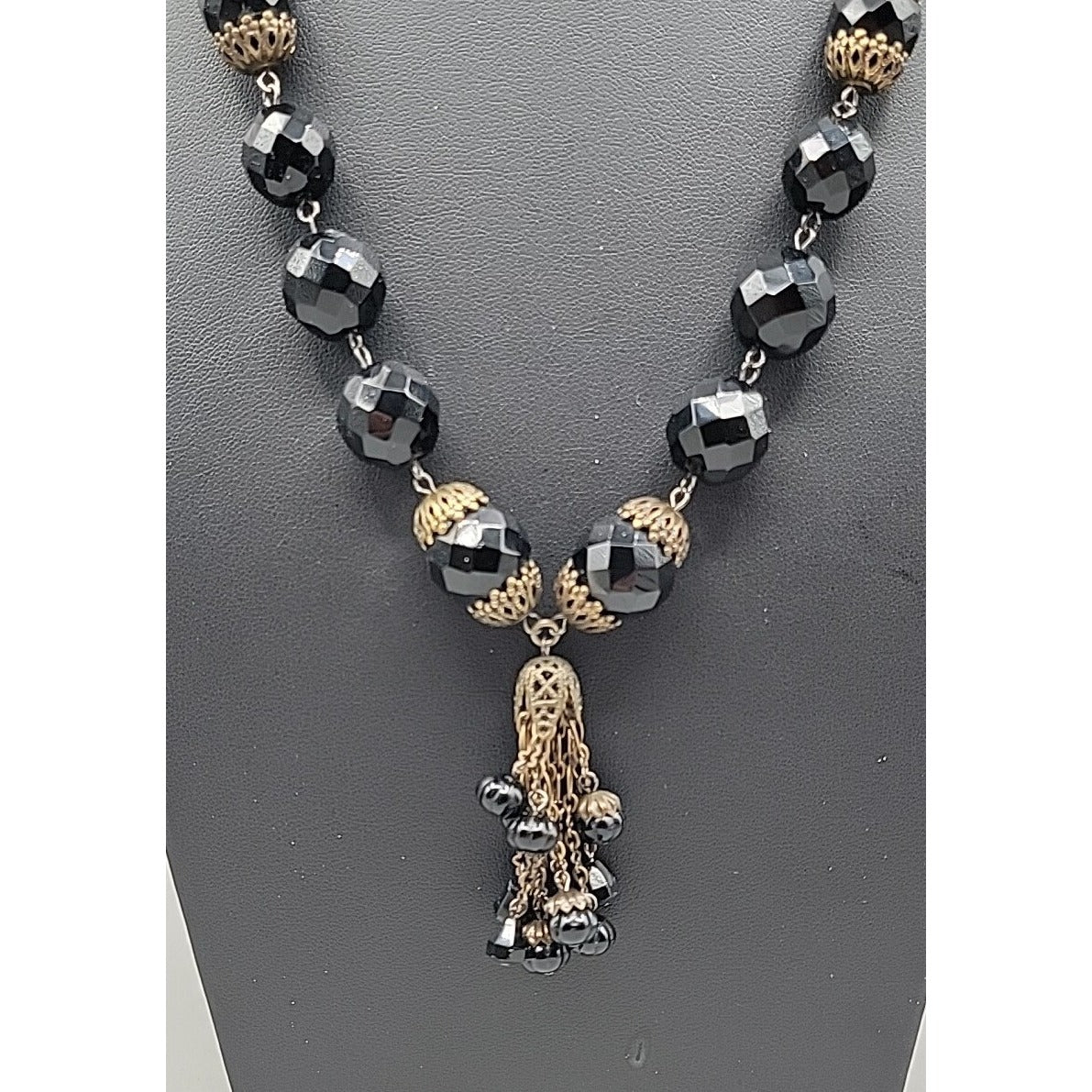 Belladonna Toronto Canada Black Fauceted Rhinestone Antique Brass Necklace 24"