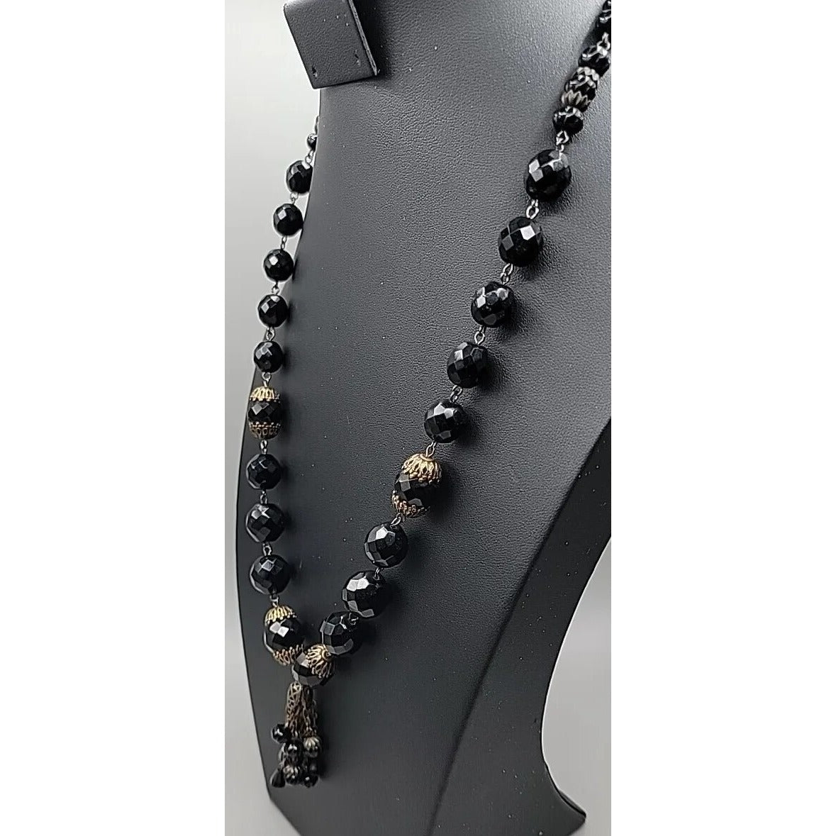 Belladonna Toronto Canada Black Fauceted Rhinestone Antique Brass Necklace 24"
