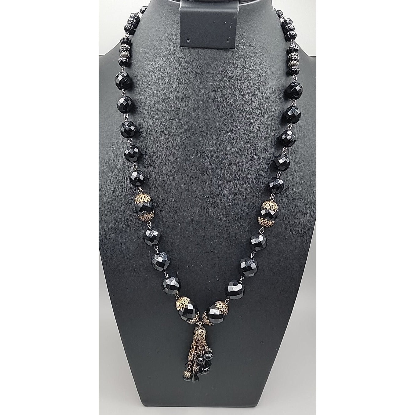 Belladonna Toronto Canada Black Fauceted Rhinestone Antique Brass Necklace 24"