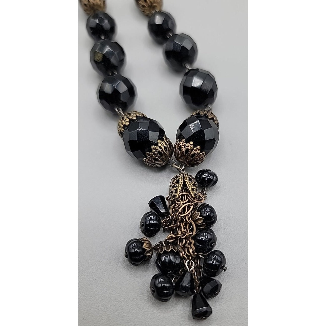 Belladonna Toronto Canada Black Fauceted Rhinestone Antique Brass Necklace 24"