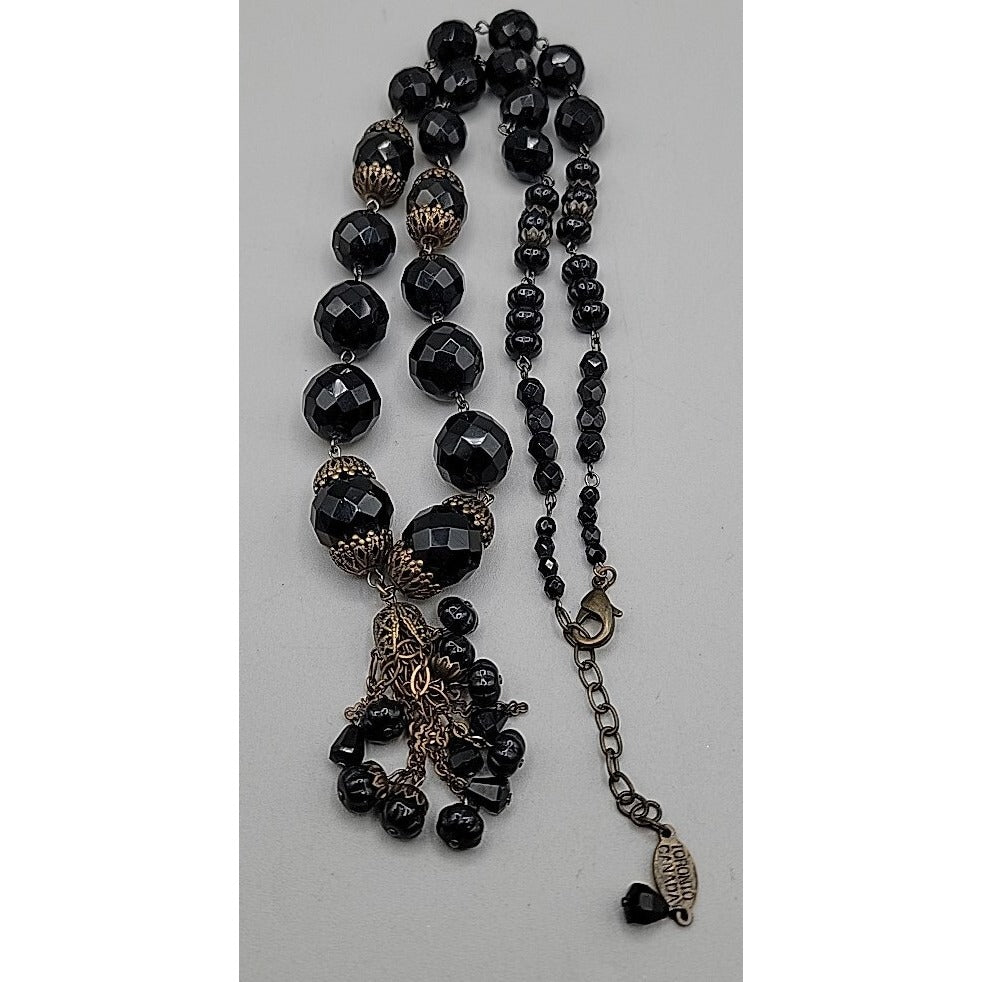 Belladonna Toronto Canada Black Fauceted Rhinestone Antique Brass Necklace 24"