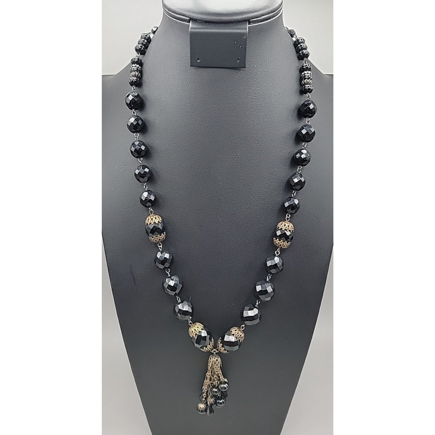 Belladonna Toronto Canada Black Fauceted Rhinestone Antique Brass Necklace 24"