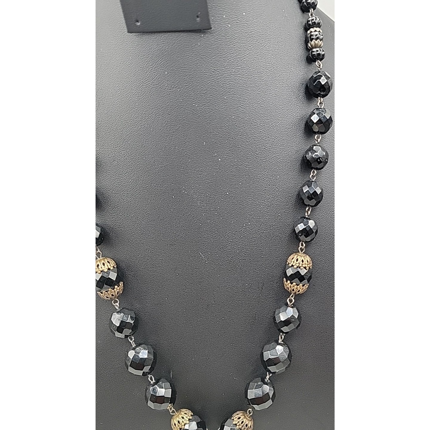 Belladonna Toronto Canada Black Fauceted Rhinestone Antique Brass Necklace 24"