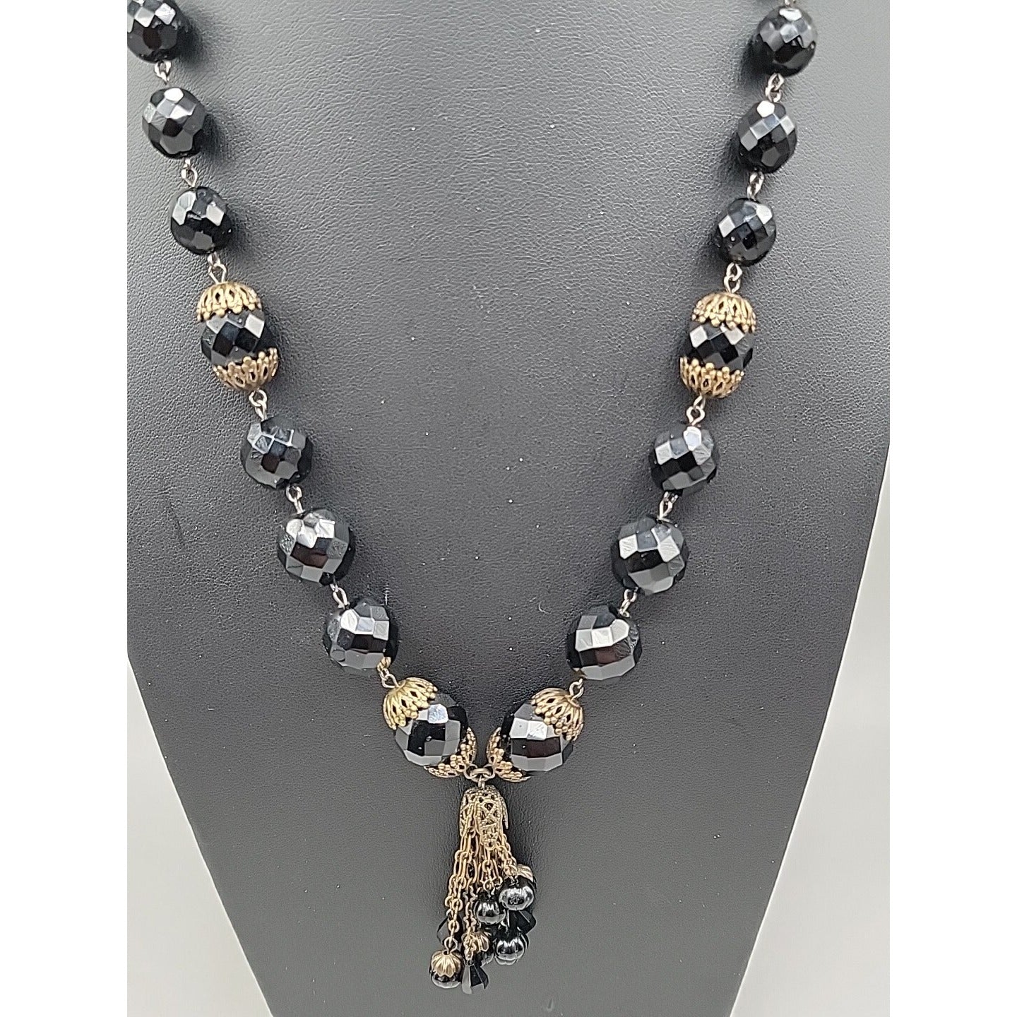 Belladonna Toronto Canada Black Fauceted Rhinestone Antique Brass Necklace 24"