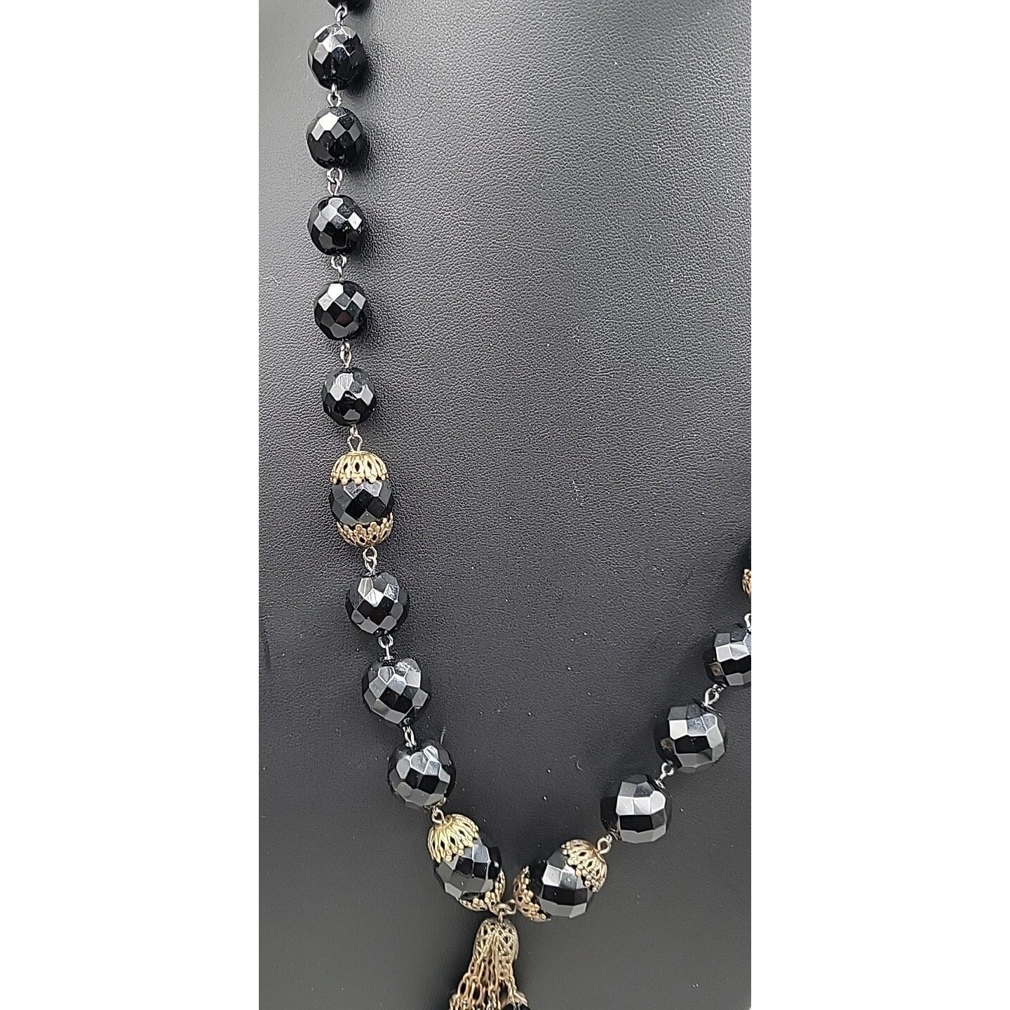 Belladonna Toronto Canada Black Fauceted Rhinestone Antique Brass Necklace 24"