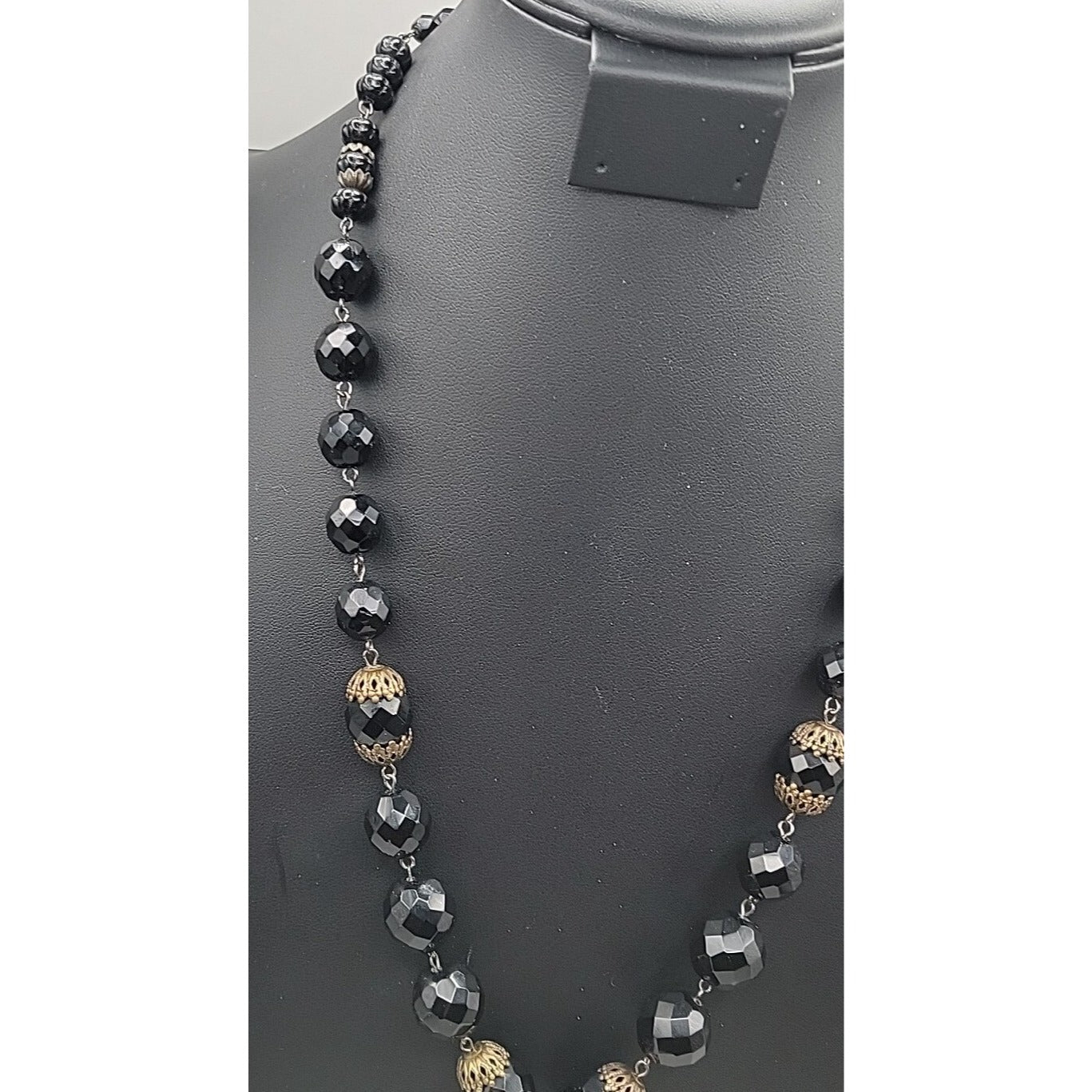 Belladonna Toronto Canada Black Fauceted Rhinestone Antique Brass Necklace 24"