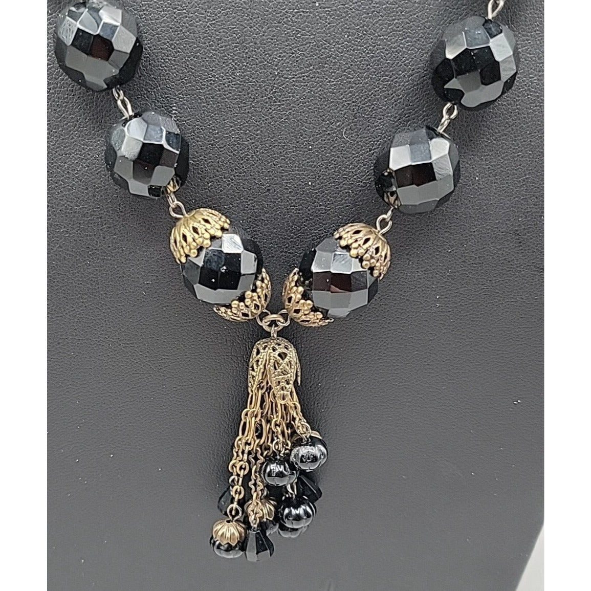 Belladonna Toronto Canada Black Fauceted Rhinestone Antique Brass Necklace 24"