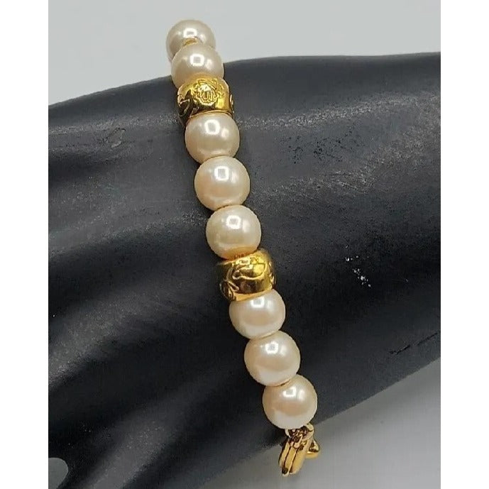 Vintage LCI Liz Claiborne Faux Pearl Gold Tone Bead Bracelet 1990s 7.5" Cable