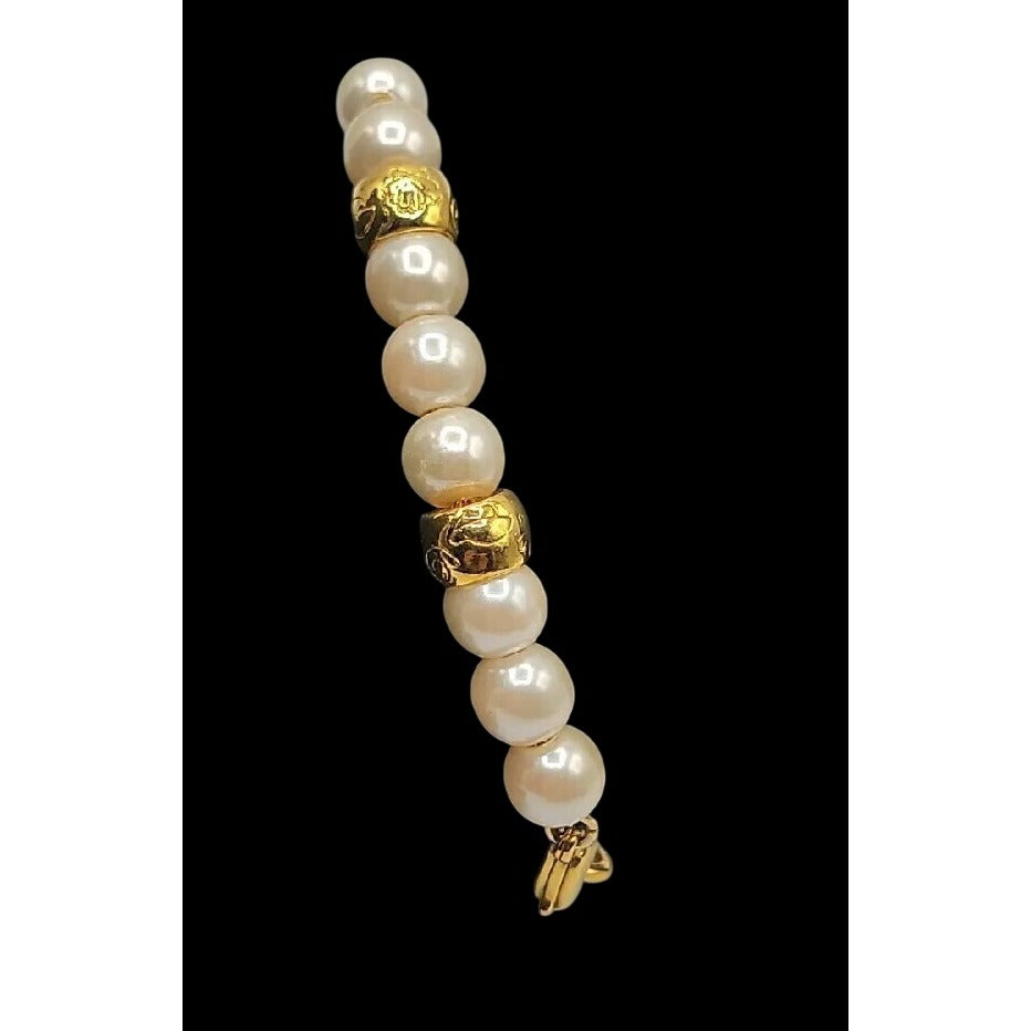 Vintage LCI Liz Claiborne Faux Pearl Gold Tone Bead Bracelet 1990s 7.5" Cable