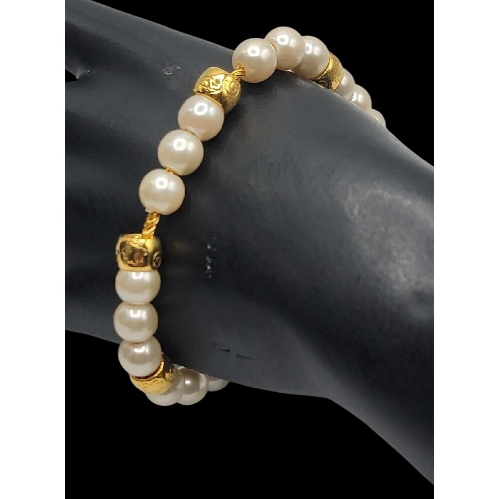 Vintage LCI Liz Claiborne Faux Pearl Gold Tone Bead Bracelet 1990s 7.5" Cable
