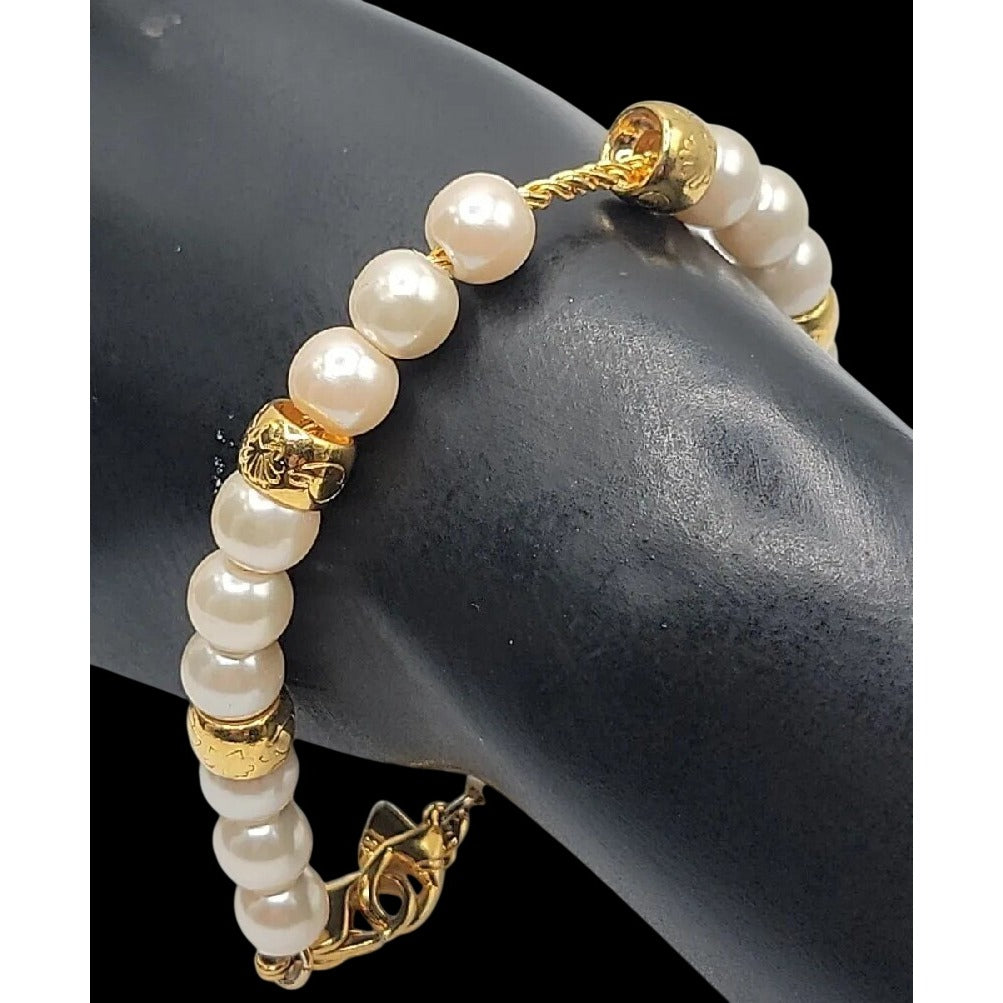 Vintage LCI Liz Claiborne Faux Pearl Gold Tone Bead Bracelet 1990s 7.5" Cable