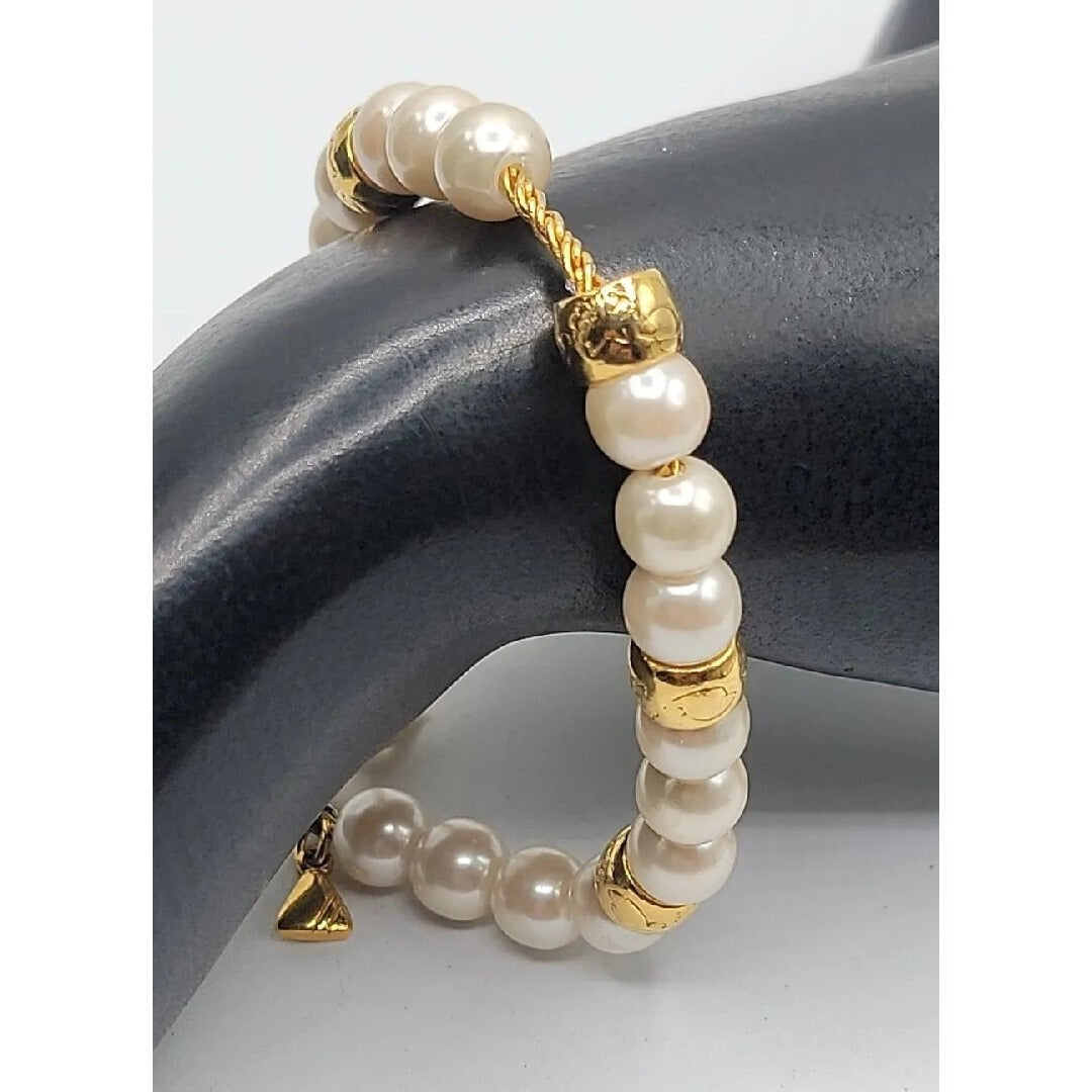 Vintage LCI Liz Claiborne Faux Pearl Gold Tone Bead Bracelet 1990s 7.5" Cable