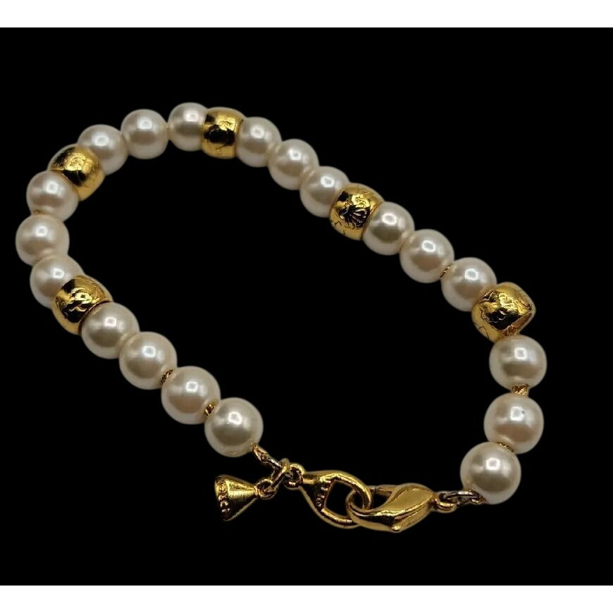 Vintage LCI Liz Claiborne Faux Pearl Gold Tone Bead Bracelet 1990s 7.5" Cable