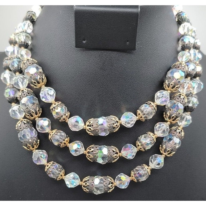 Vintage Vendome Aurora Borealis Crystal Beaded Necklace Filigree Caged  Choker