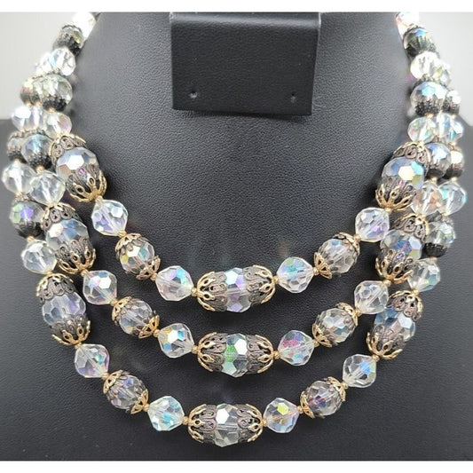 Vintage Vendome Aurora Borealis Crystal Beaded Necklace Filigree Caged  Choker