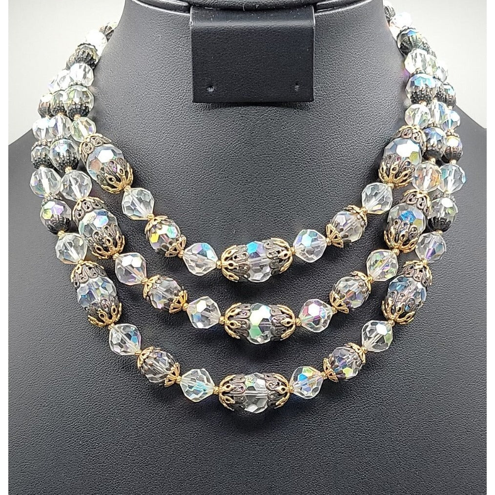 Vintage Vendome Aurora Borealis Crystal Beaded Necklace Filigree Caged  Choker
