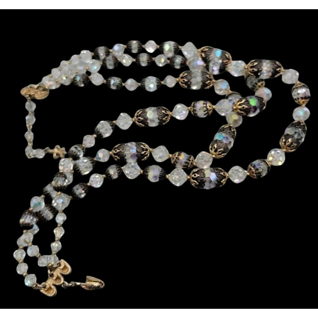 Vintage Vendome Aurora Borealis Crystal Beaded Necklace Filigree Caged  Choker