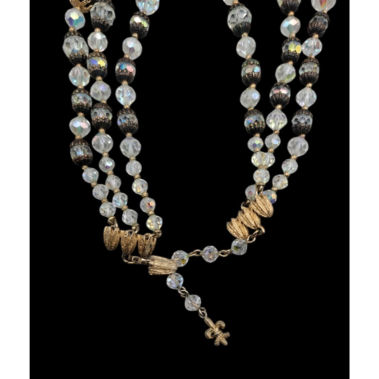 Vintage Vendome Aurora Borealis Crystal Beaded Necklace Filigree Caged  Choker