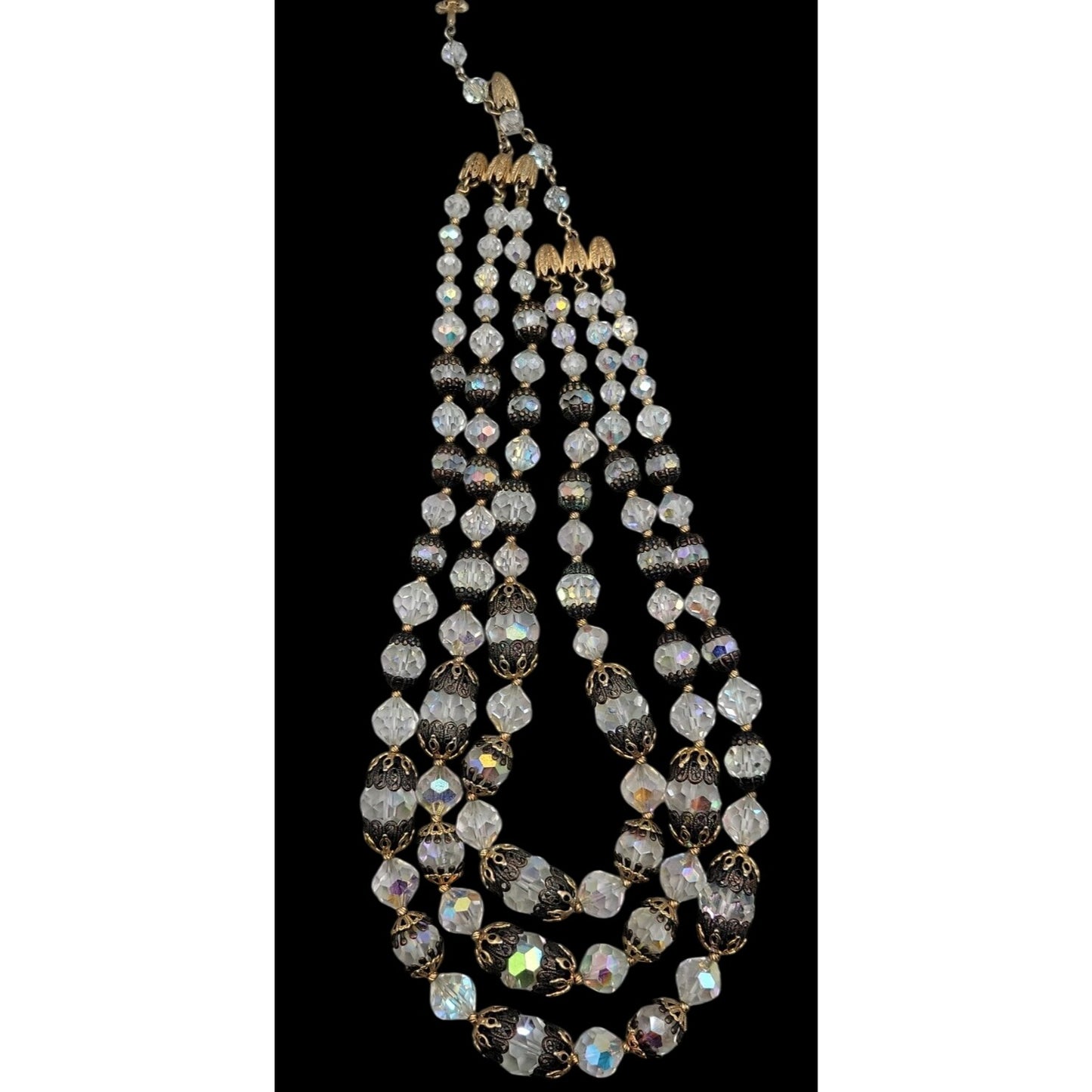 Vintage Vendome Aurora Borealis Crystal Beaded Necklace Filigree Caged  Choker