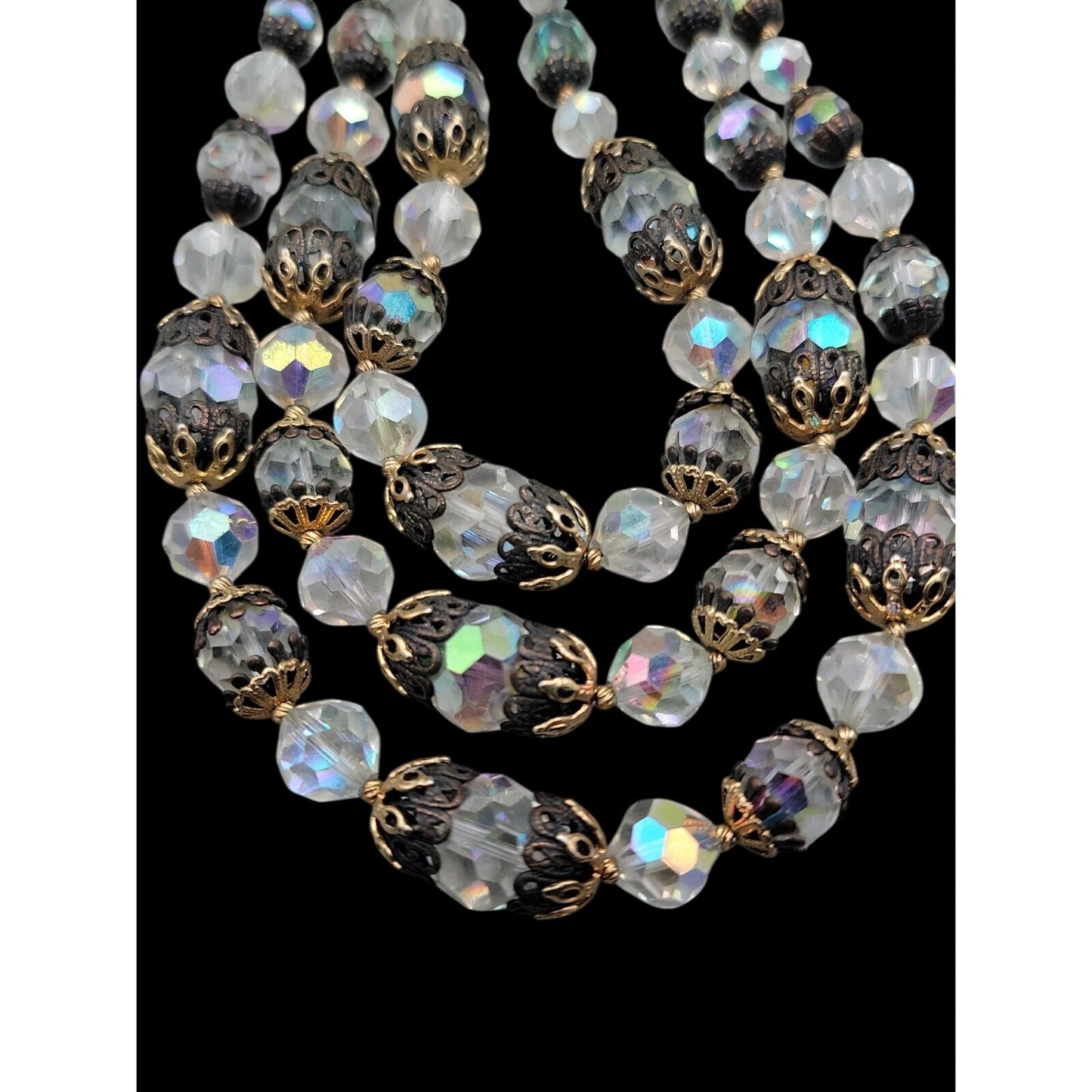 Vintage Vendome Aurora Borealis Crystal Beaded Necklace Filigree Caged  Choker