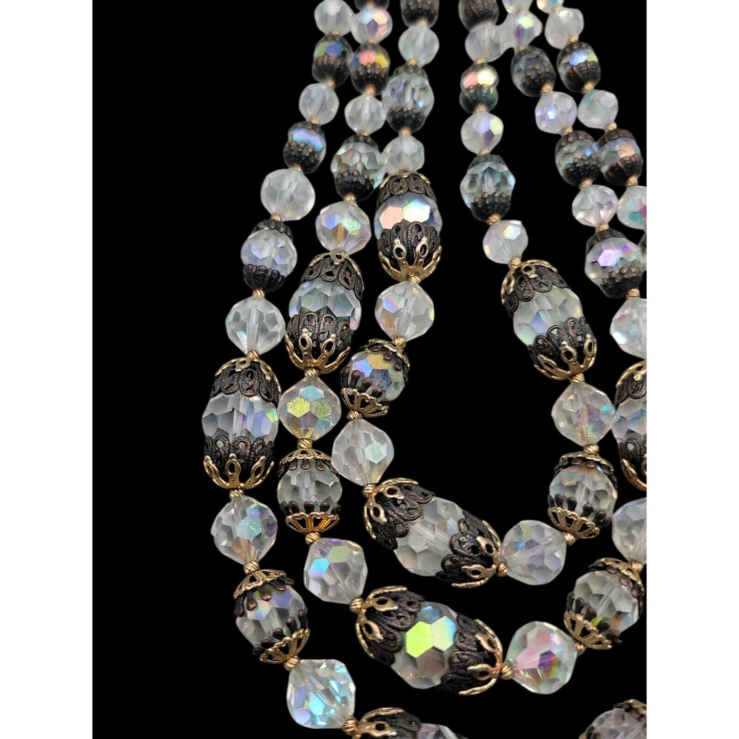 Vintage Vendome Aurora Borealis Crystal Beaded Necklace Filigree Caged  Choker
