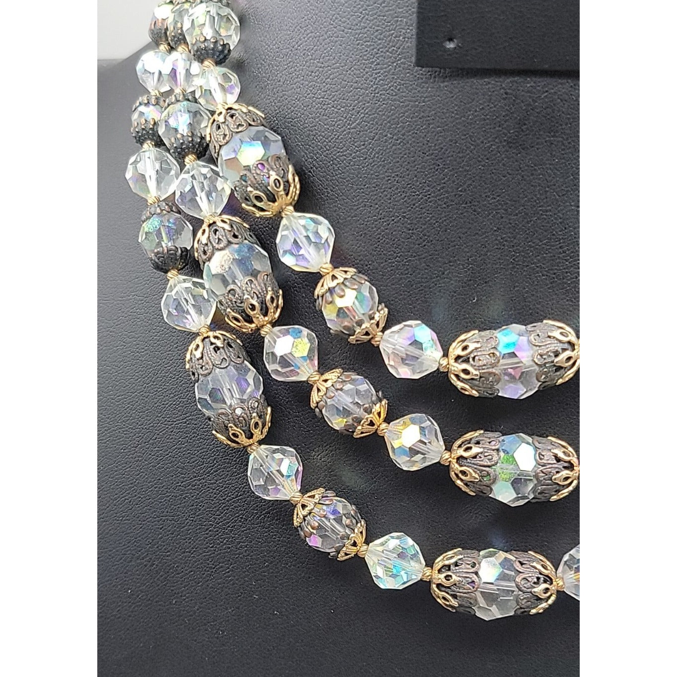 Vintage Vendome Aurora Borealis Crystal Beaded Necklace Filigree Caged  Choker