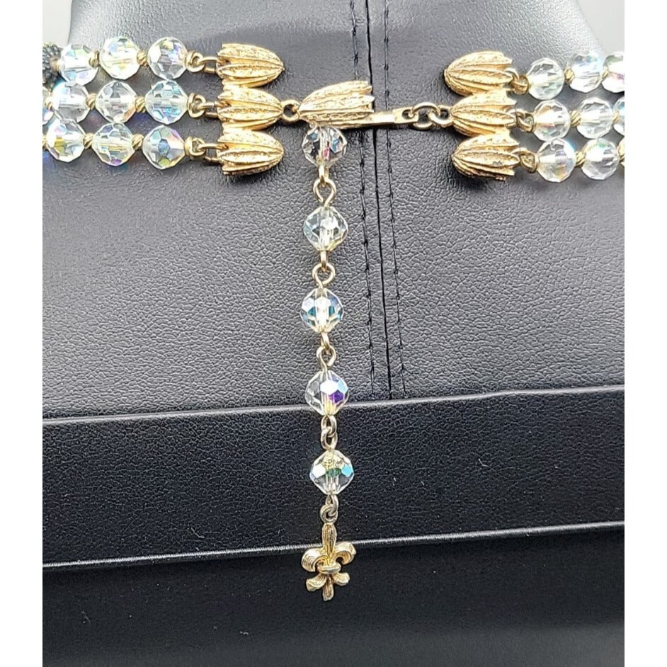 Vintage Vendome Aurora Borealis Crystal Beaded Necklace Filigree Caged  Choker